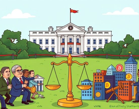 A cartoon illustrating the impact of the White House executive order on bank bias, aiming to ensure fair financial services for crypto firms.
