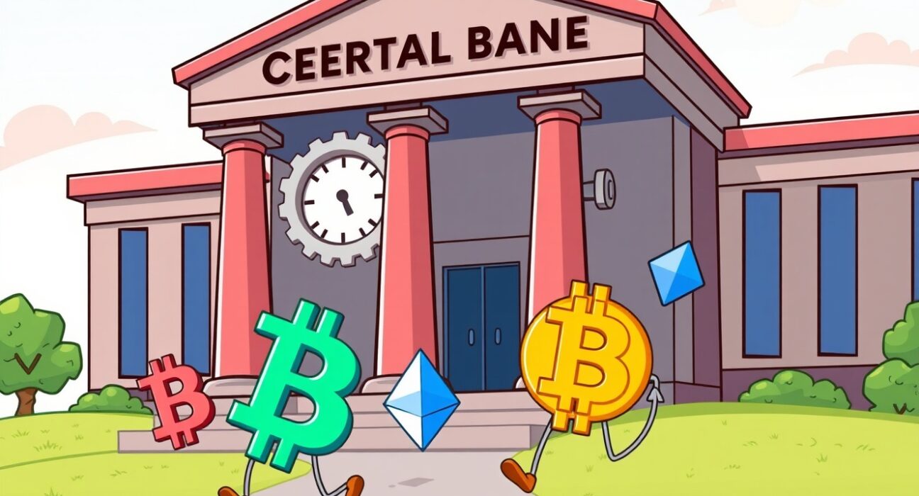 Cartoon illustration of a Federal Reserve rate cut impacting cryptocurrency markets.