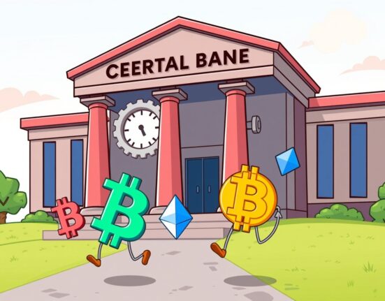 Cartoon illustration of a Federal Reserve rate cut impacting cryptocurrency markets.