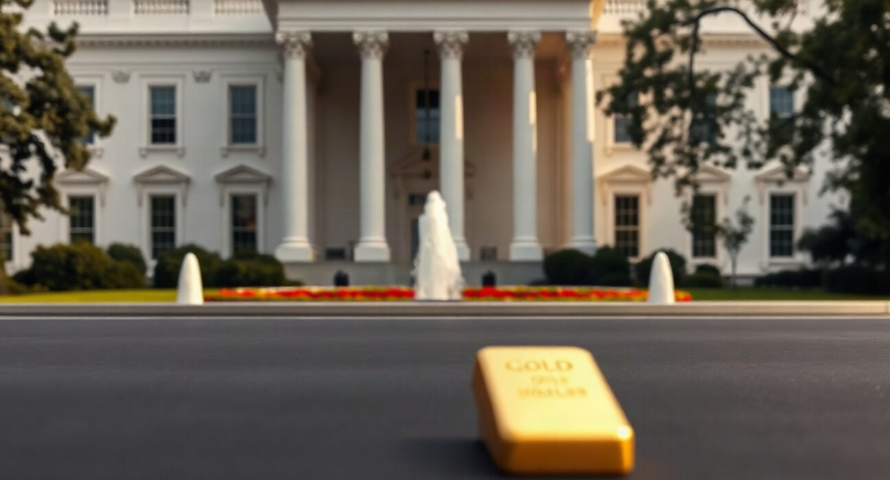 White House building with a gold bar in foreground, symbolizing gold revaluation discussion