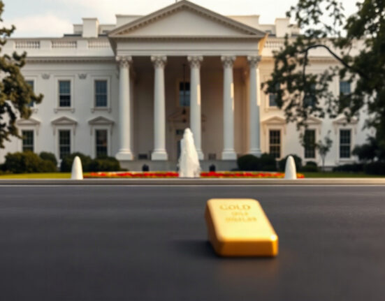 White House building with a gold bar in foreground, symbolizing gold revaluation discussion