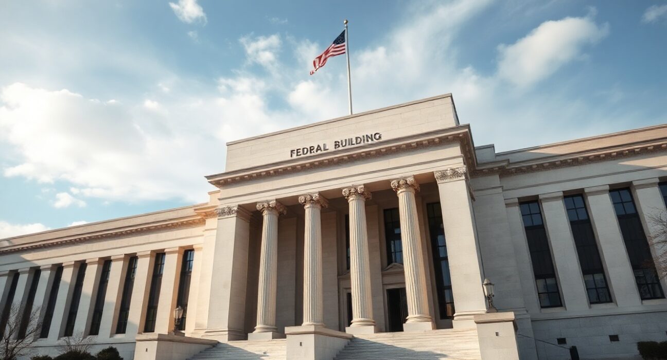 Exterior of the Federal Reserve headquarters in Washington, D.C., under a partly cloudy sky.