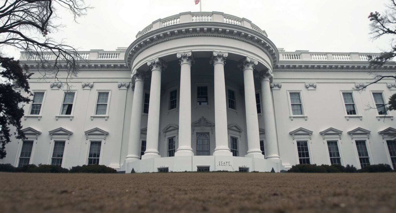 The White House in Washington D.C. on an overcast day, symbolizing economic policy decisions.
