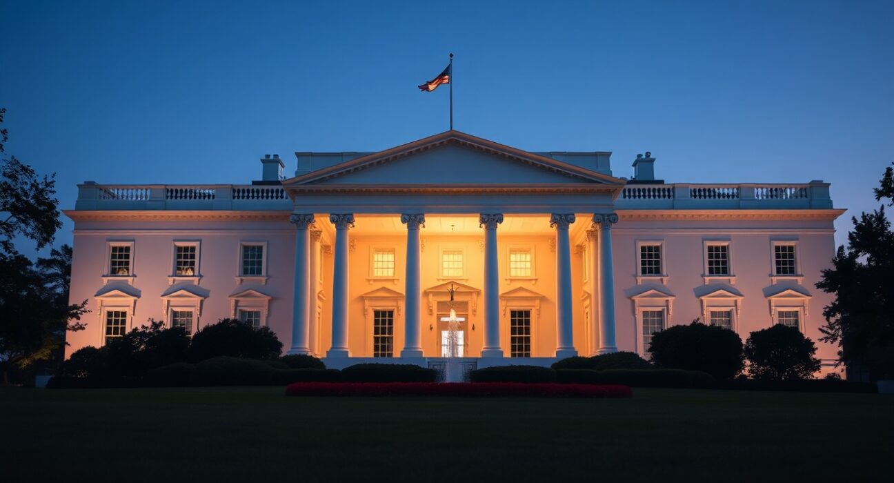 The White House at dusk symbolizes the US administration's stance on Iran policy and potential diplomatic measures.