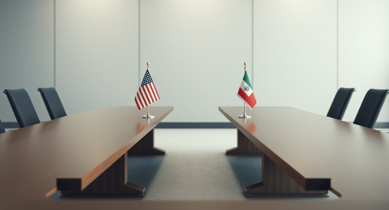 Diplomatic tables with US and Iran flags symbolizing potential White House talks with Iran.