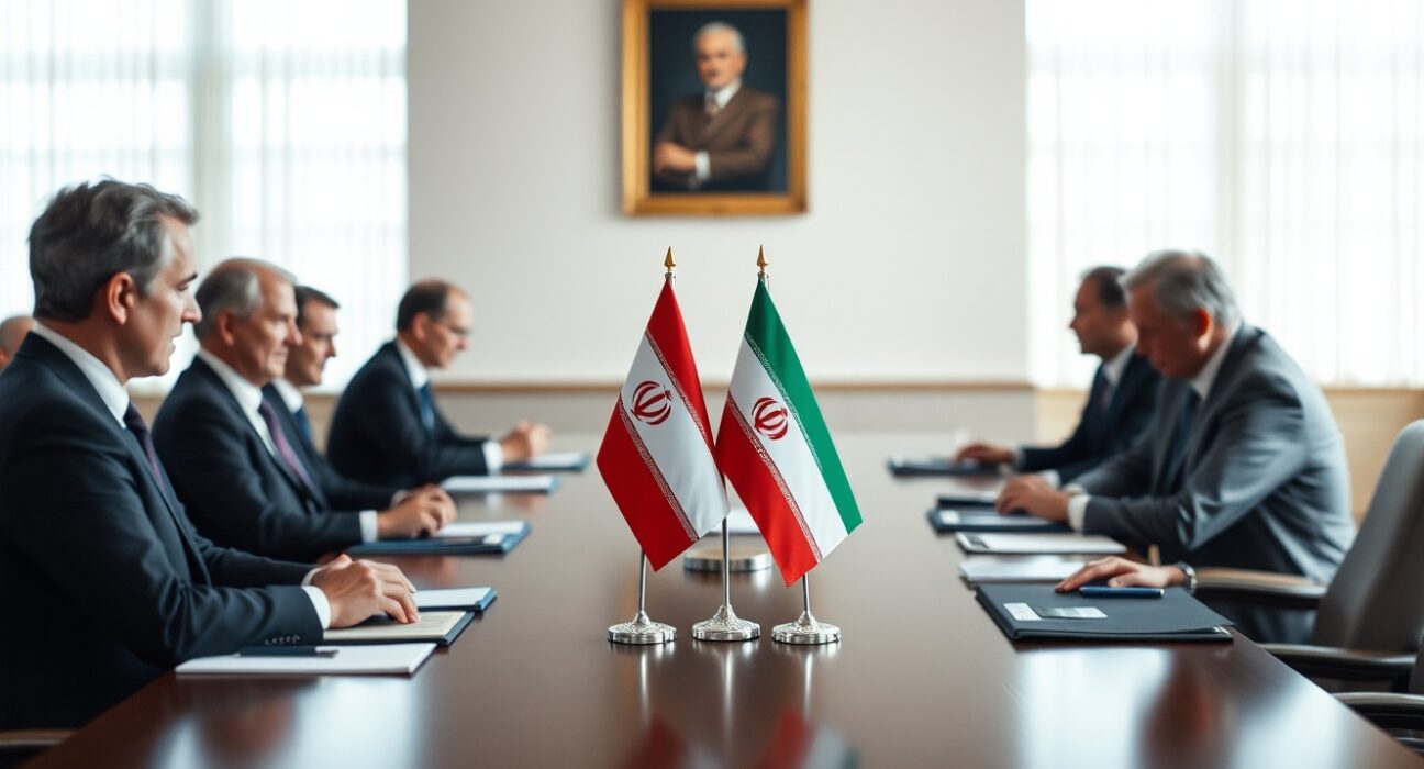 Diplomatic meeting room with Iranian and American flags during nuclear talks