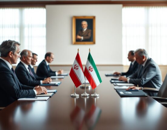 Diplomatic meeting room with Iranian and American flags during nuclear talks