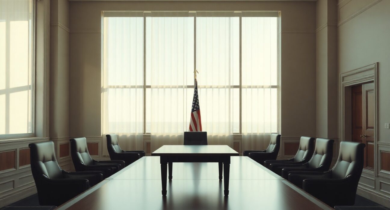 Empty diplomatic meeting room with American flag, symbolizing Iran nuclear talks.