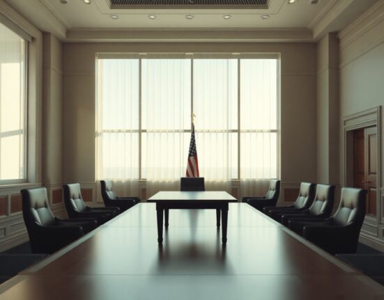 Empty diplomatic meeting room with American flag, symbolizing Iran nuclear talks.