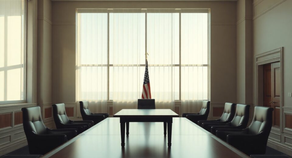 Empty diplomatic meeting room with American flag, symbolizing Iran nuclear talks.