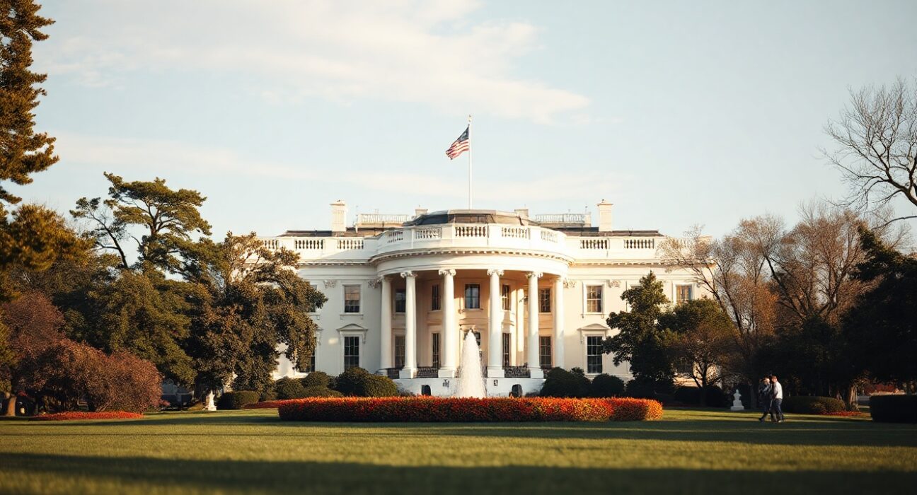 White House North Lawn with columns and flag, symbolizing economic policy discussions