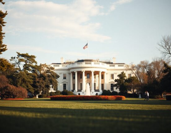 White House North Lawn with columns and flag, symbolizing economic policy discussions