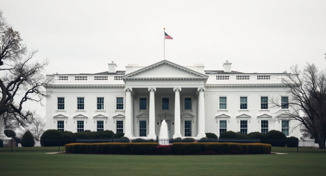 The White House on a cloudy day, representing government oversight of AI safety.