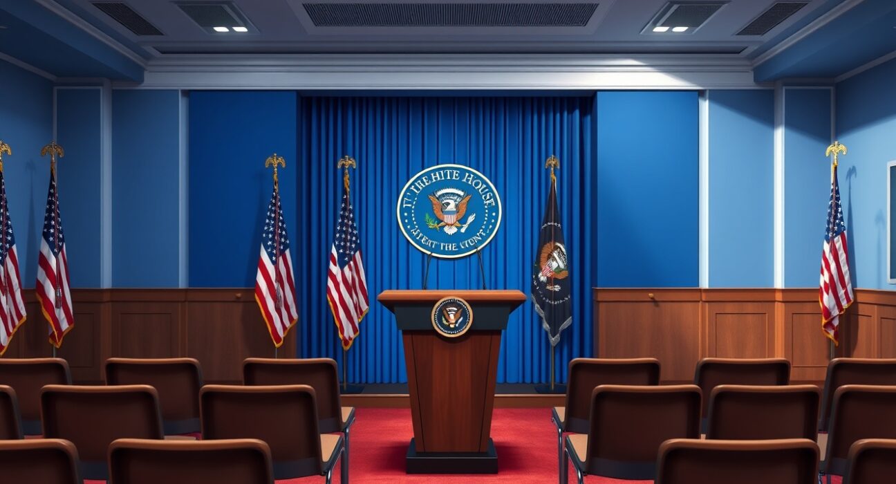 White House Press Briefing Room podium awaiting spokesperson's critical announcement today.