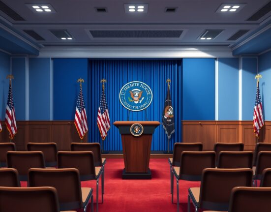 White House Press Briefing Room podium awaiting spokesperson's critical announcement today.