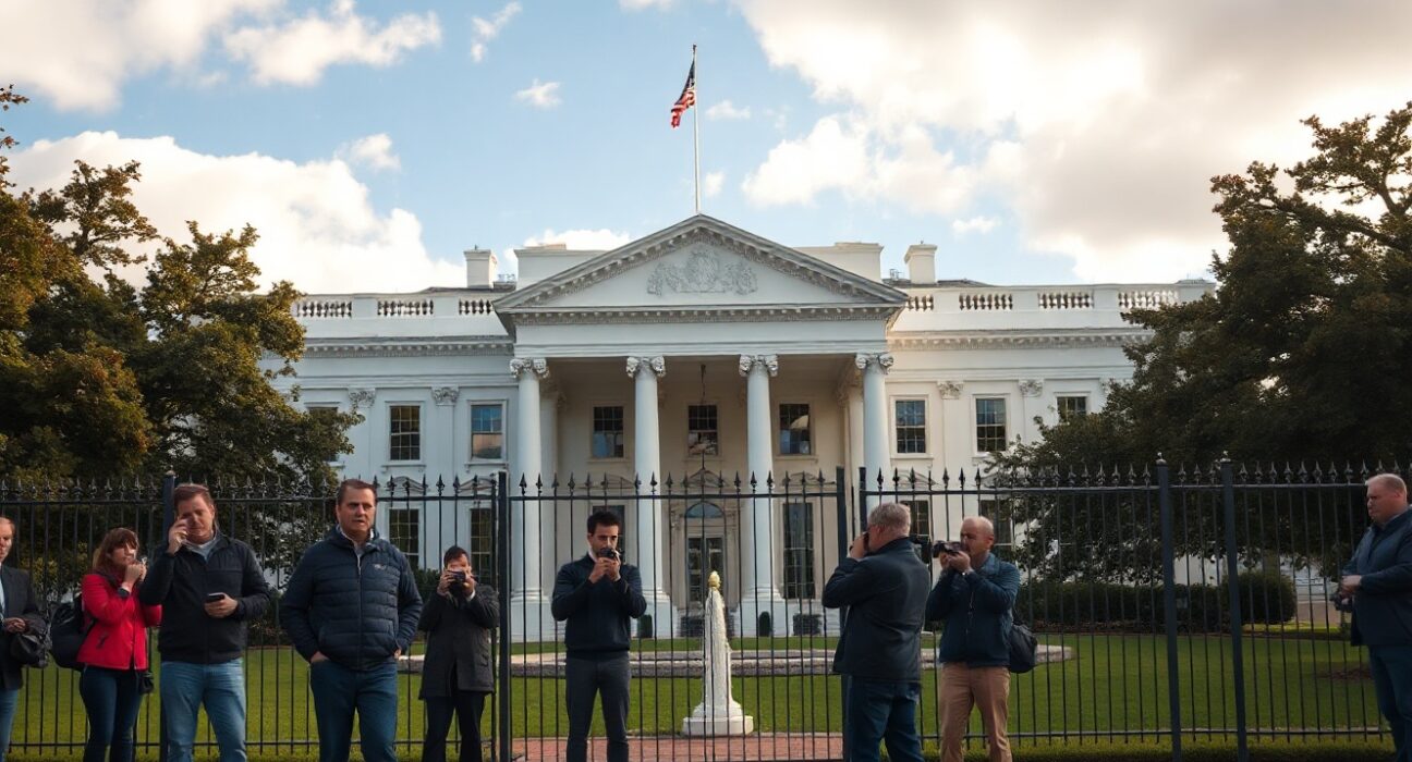 White House exterior with press corps gathered outside for a signing ceremony announcement.