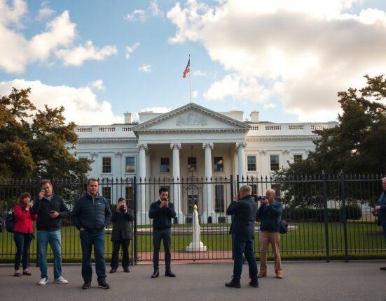 White House exterior with press corps gathered outside for a signing ceremony announcement.