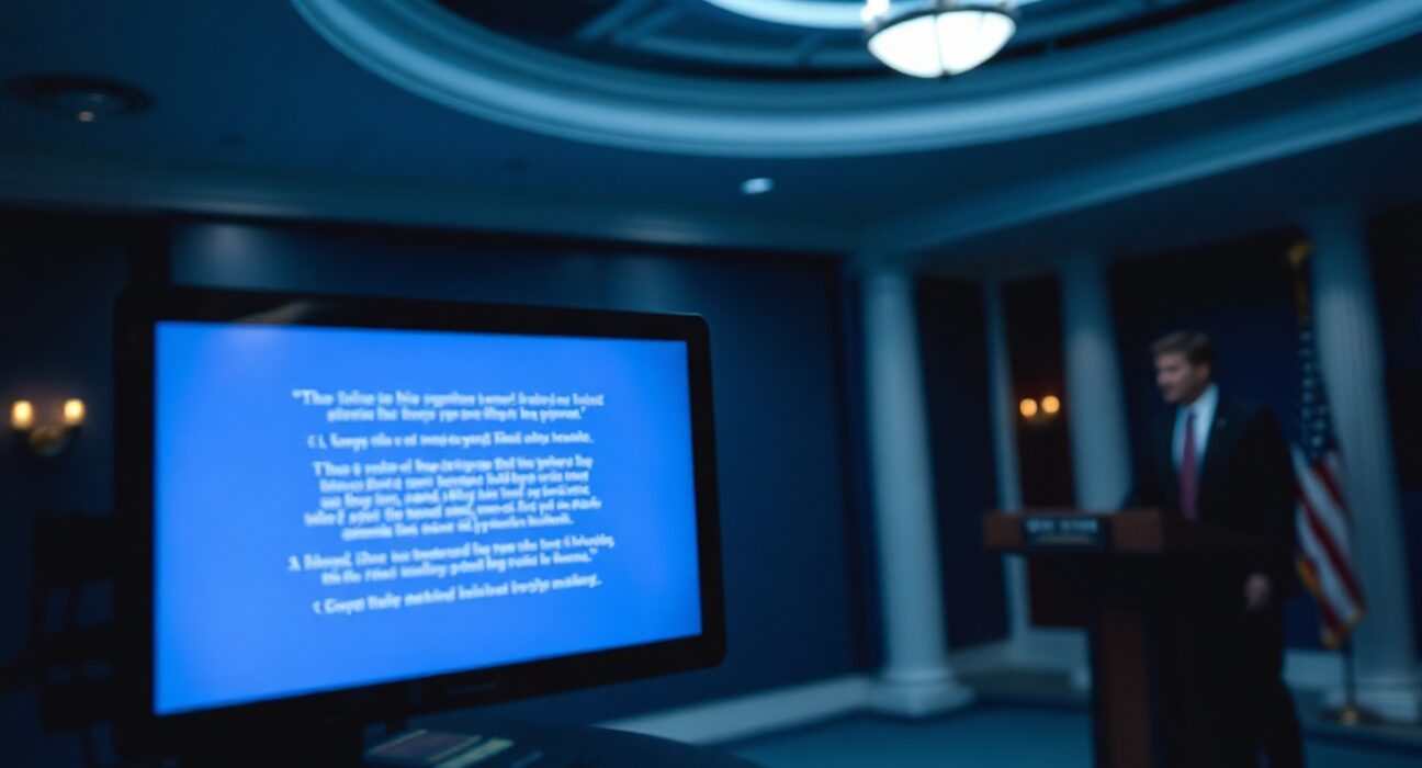 Blurred teleprompter in a dimly lit White House press room with a figure in the background