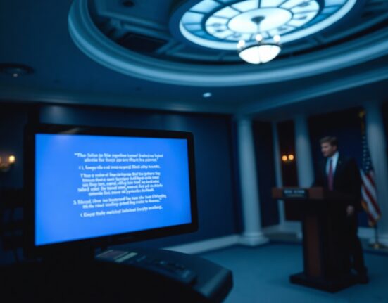 Blurred teleprompter in a dimly lit White House press room with a figure in the background