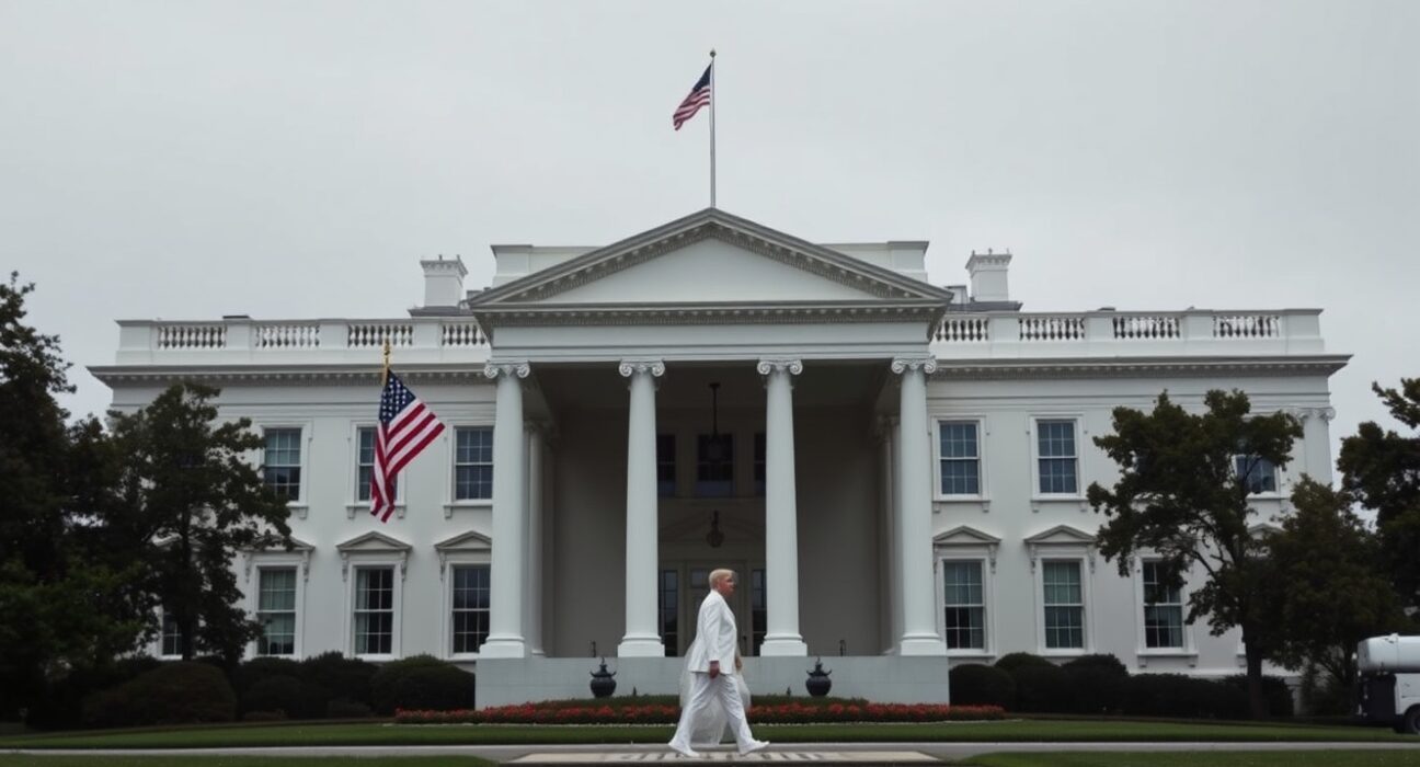 White House building exterior on a cloudy day, representing diplomatic tensions with Iran.