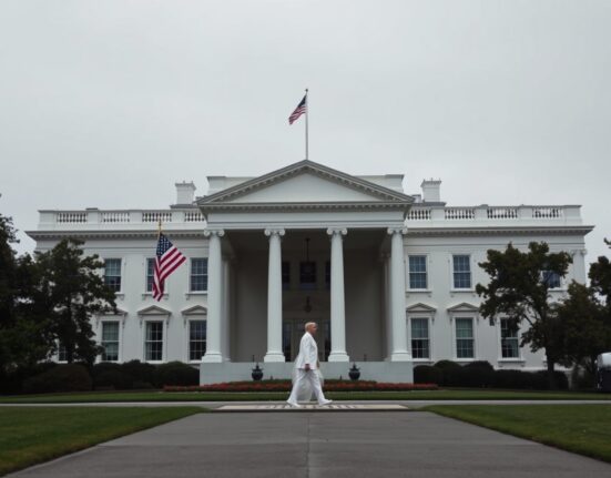 White House building exterior on a cloudy day, representing diplomatic tensions with Iran.