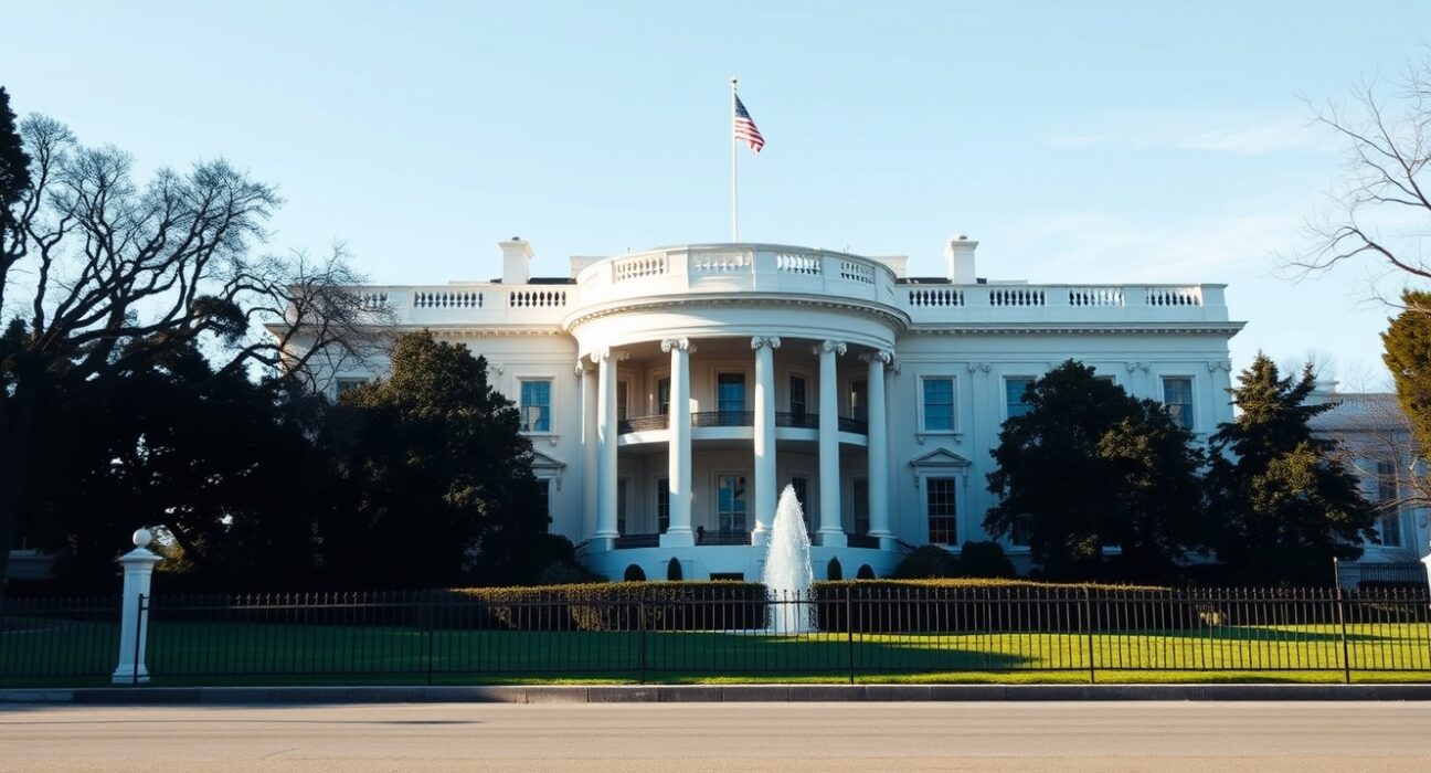 White House building exterior on a clear morning, symbolizing the administration's review of the CLARITY Act.