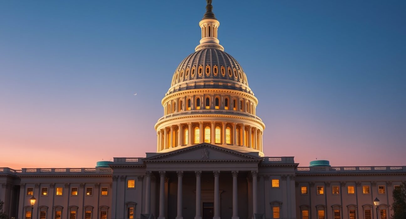 United States Capitol building at dusk representing stablecoin regulation negotiations in Washington D.C.