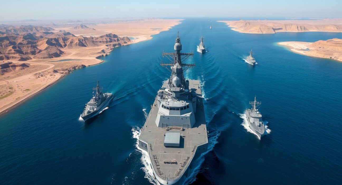 International naval coalition patrols the strategic Strait of Hormuz shipping lane.