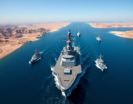 International naval coalition patrols the strategic Strait of Hormuz shipping lane.