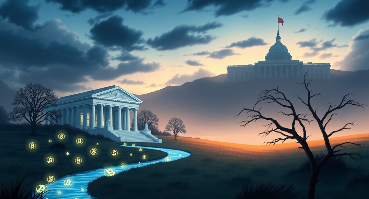 Symbolic representation of the White House denying a presidential pardon for Sam Bankman-Fried and FTX.