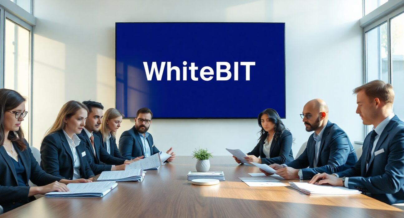 WhiteBIT team in a Vienna boardroom reviewing regulatory documents with EU flag in background