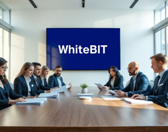 WhiteBIT team in a Vienna boardroom reviewing regulatory documents with EU flag in background