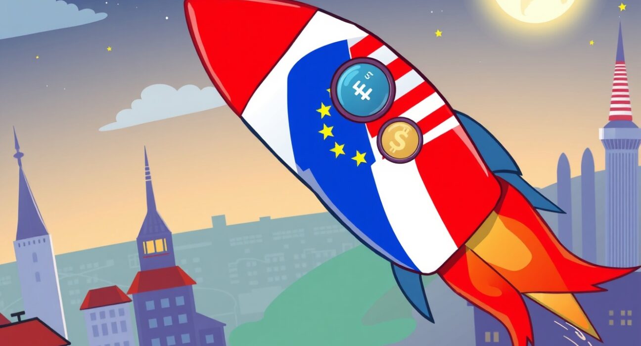 WhiteBIT US expansion illustrated as a rocket launching from Europe to America, symbolizing the crypto exchange's ambitious market entry.