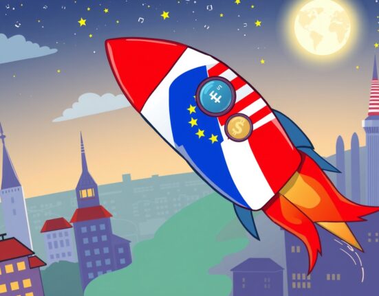 WhiteBIT US expansion illustrated as a rocket launching from Europe to America, symbolizing the crypto exchange's ambitious market entry.