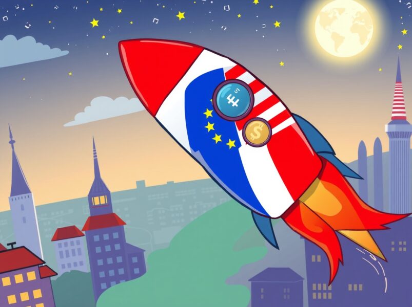 WhiteBIT US expansion illustrated as a rocket launching from Europe to America, symbolizing the crypto exchange's ambitious market entry.