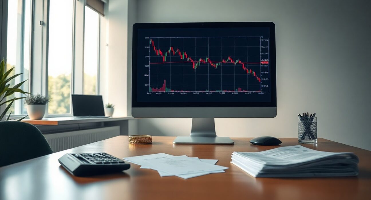 Financial analyst's desk with stock chart showing downward trend, representing WhiteHorse Finance Q2 earnings miss