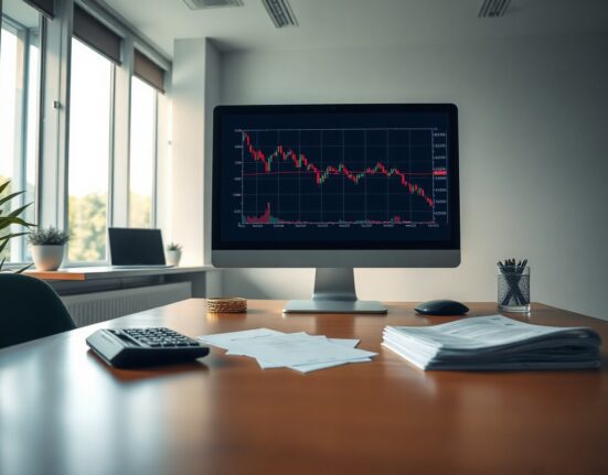 Financial analyst's desk with stock chart showing downward trend, representing WhiteHorse Finance Q2 earnings miss