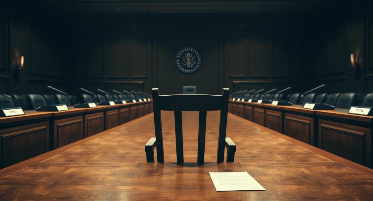 Empty government hearing room with a single chair and microphones, representing the opaque AI approval process.