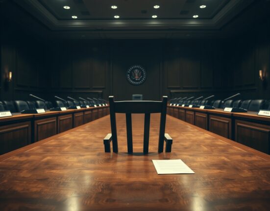 Empty government hearing room with a single chair and microphones, representing the opaque AI approval process.