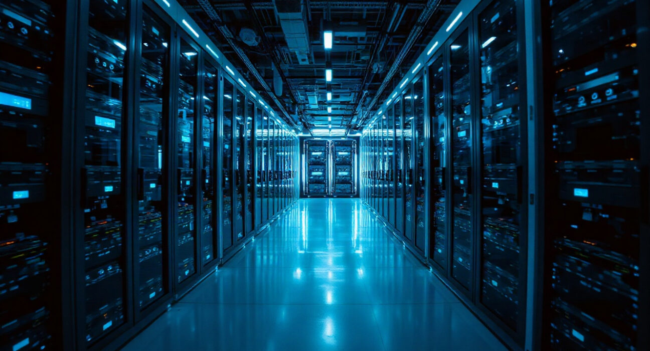 A futuristic server room with rows of high-tech equipment, representing the mystery behind the Ox Alpha AI model.