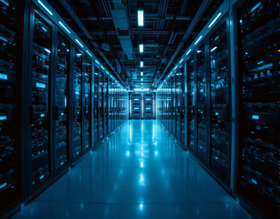 A futuristic server room with rows of high-tech equipment, representing the mystery behind the Ox Alpha AI model.