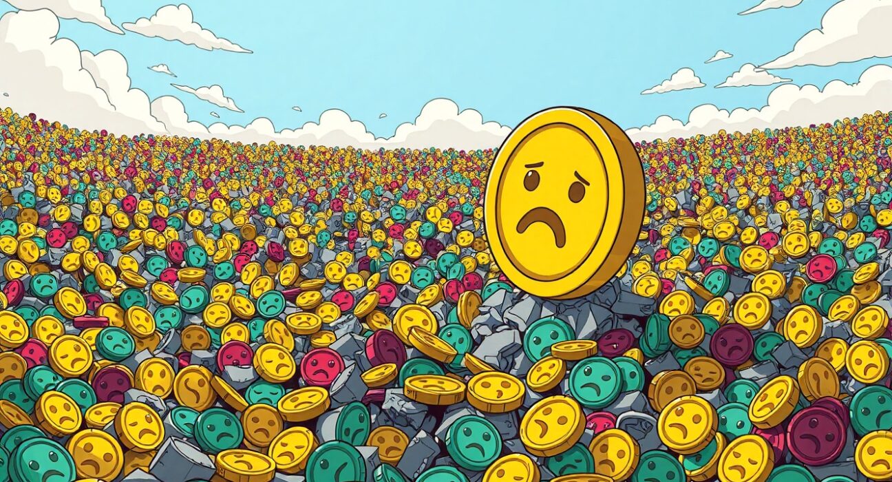 A cartoon illustrating the prediction that most altcoins will fail, with only Bitcoin and Ethereum surviving.