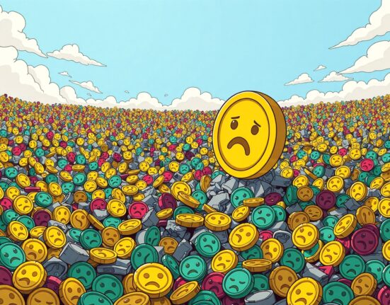 A cartoon illustrating the prediction that most altcoins will fail, with only Bitcoin and Ethereum surviving.
