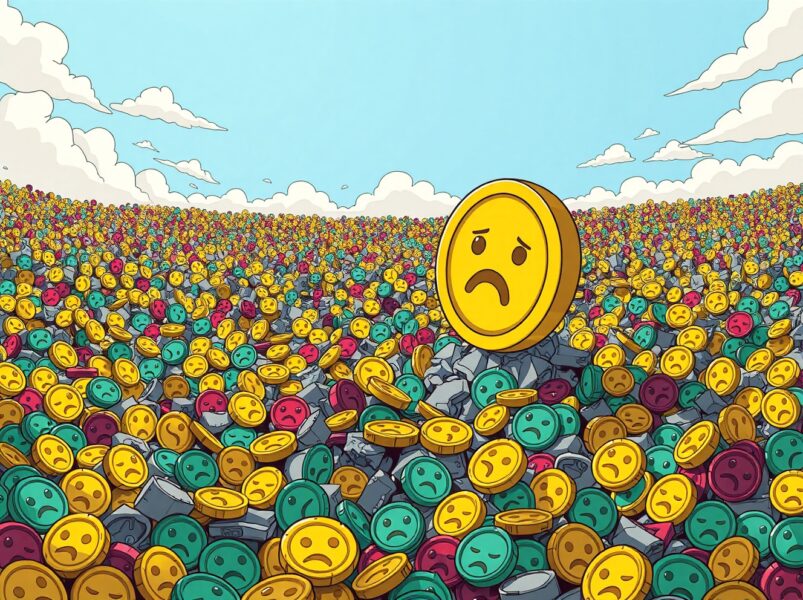 A cartoon illustrating the prediction that most altcoins will fail, with only Bitcoin and Ethereum surviving.