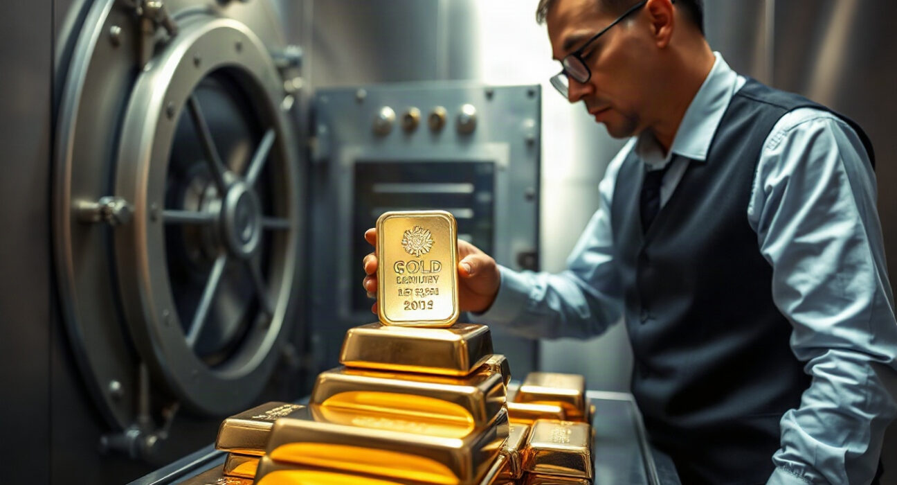 Central banker inspecting gold bullion bars in a vault