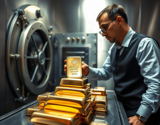 Central banker inspecting gold bullion bars in a vault