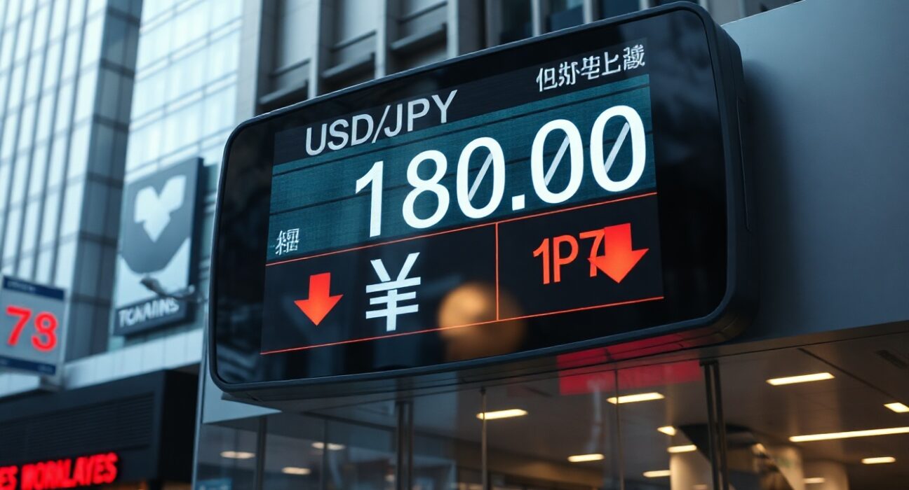 Currency exchange board in Tokyo showing USD/JPY at 180 in 2026