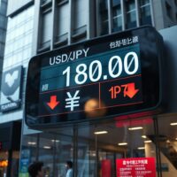 Currency exchange board in Tokyo showing USD/JPY at 180 in 2026