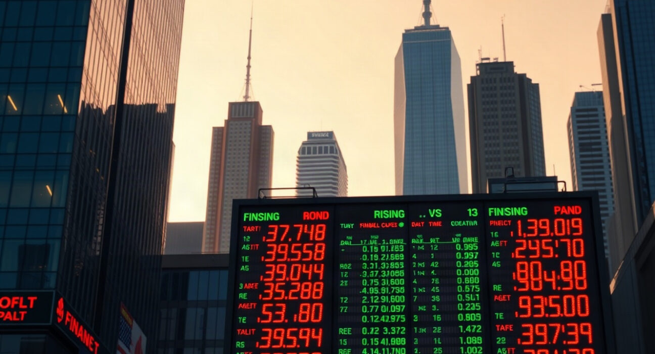 Rising bond yields on a financial market display in a city skyline