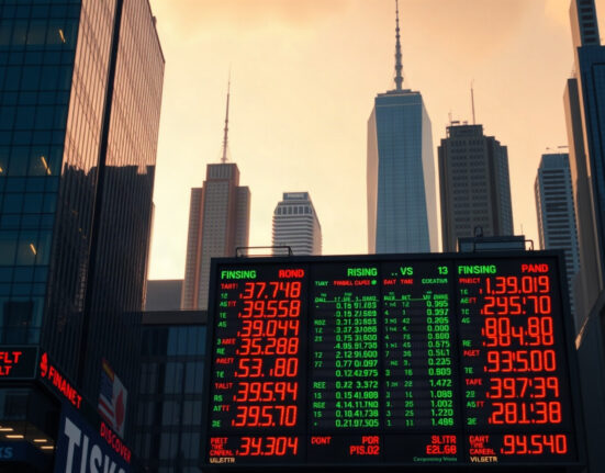 Rising bond yields on a financial market display in a city skyline